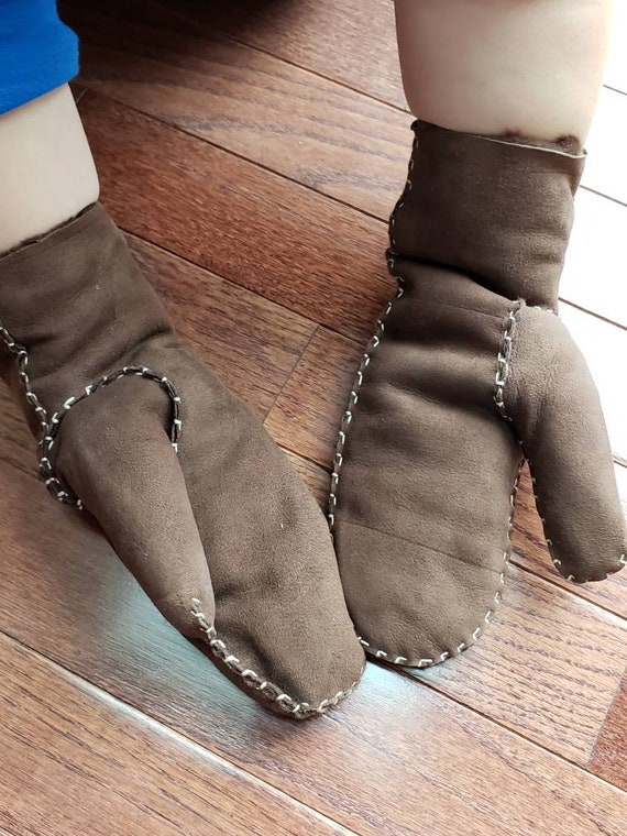 Vintage Brown Suede Leather Shearling Winter Mitt… - image 10