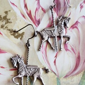 Vintage Sterling Silver Carousel Horse Earrings 1990&#39;s Pierced Ears French Hooks