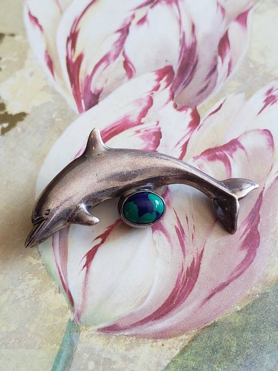 Vintage Sterling Silver Azurite  Dolphin Brooch Pi