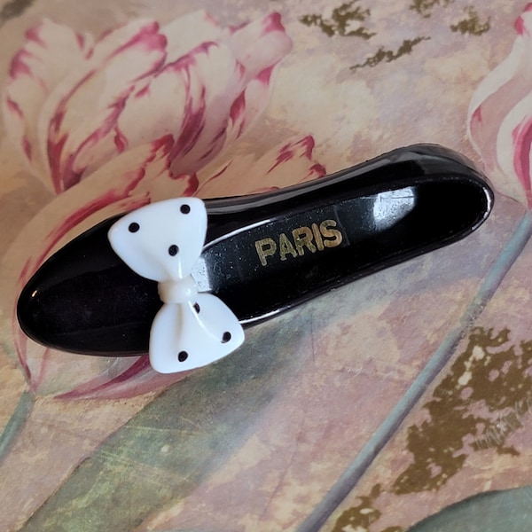 Vintage Black High Heeled Shoe with a White and Black Polka Dot Bow Brooch or Pin Made in Taiwan 198s As Is