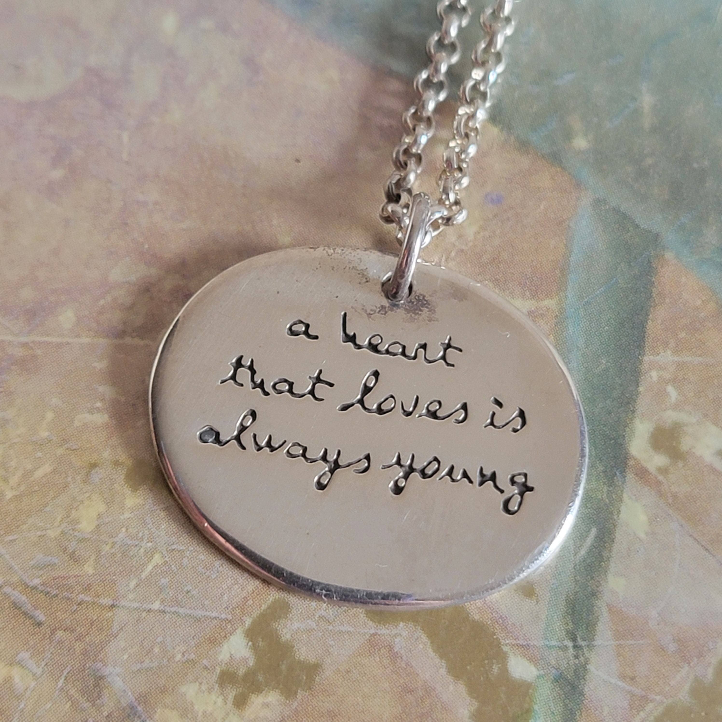Vintage Far Fetched Sterling Silver Pendant Necklace: Heart Quote, image size:2992x2992