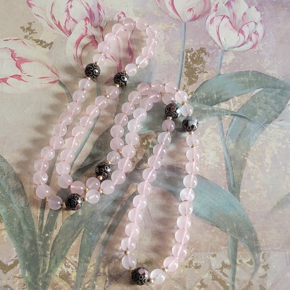 Vintage Rose Quartz Bead and Cloisonne Bead Neckl… - image 1
