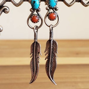 Vintage Sterling Silver 925 Coral Turquoise Feather Hanging Dangling Earrings For Pierced Ears