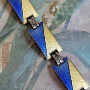 Vintage Silver Tone Metal and Blue and Yellow Enamel Bracelet Rectangular Links