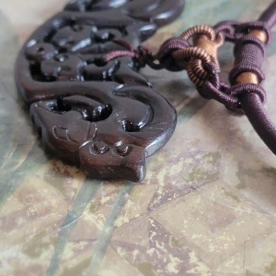 Vintage Carved Dyed Soapstone Horse Heads Pendant on a Brown Cord Jade Bead Closure View 6