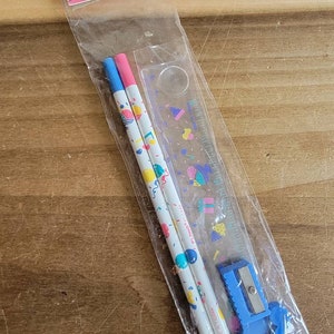 Vintage Dead Stock Flomo Stationary Set Pencils Erasers Ruler Pencil Sharpener 1980s
