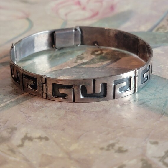 Vintage Sterling Silver Greek Key Hinged Bracelet… - image 3