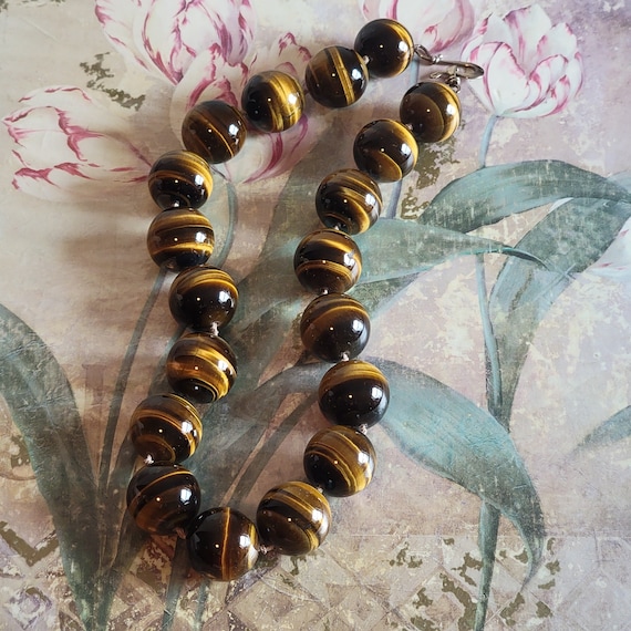 Vintage Tiger Eye Large Bead Beaded Chunky Neckla… - image 5