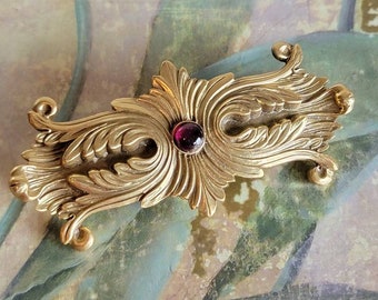 Vintage GHM Guggenheim Museum Brass and Garnet Gold Tone Brooch Pin