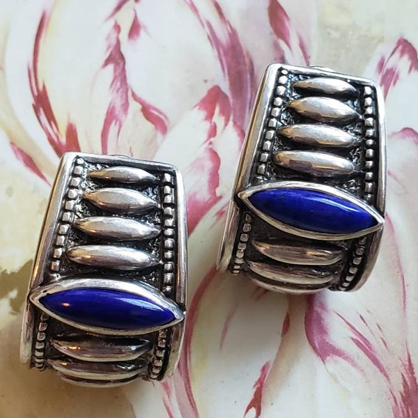 Vintage Sterling Silver and Lapis Earrings Flli Menegatti Omega Closure Pierced Ears