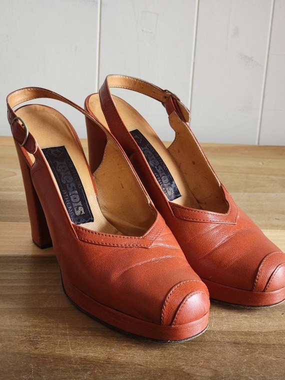 Vintage Lolosidis Burnt Orange Leather Slingback Platform Heels Pumps 1970s Greece Athens Size 7 Etsy Finland
