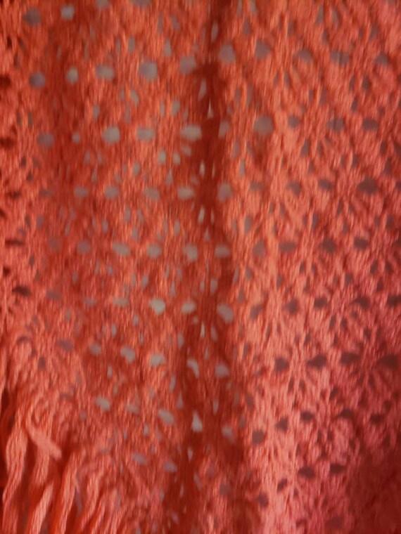 Vintage Hand Made Orange Red Fringed Shawl 1960s … - image 4