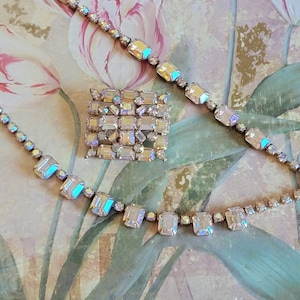 Vintage Signed Weiss Gold Tone Metal Aurora Borealis Rhinestone Necklace Bracelet and Brooch Set