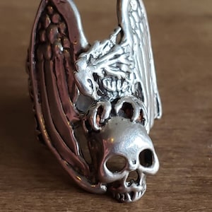 Vintage Sterling Silver Hand Made Eagle and Skull Ring Stars Stripes Mens Ring Size 9.25 Signed N.L. Biker Ring
