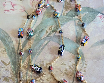 Vintage Glass Multicolor Beads Beaded Gold Tone Metal Chain Necklace Costume Jewelry
