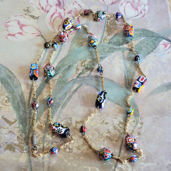 Vintage Glass Multicolor Beads Beaded Gold Tone Metal Chain Necklace Costume Jewelry