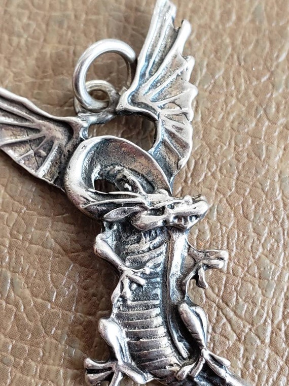 Vintage Sterling Silver Winged Dragon Pendant 925… - image 4