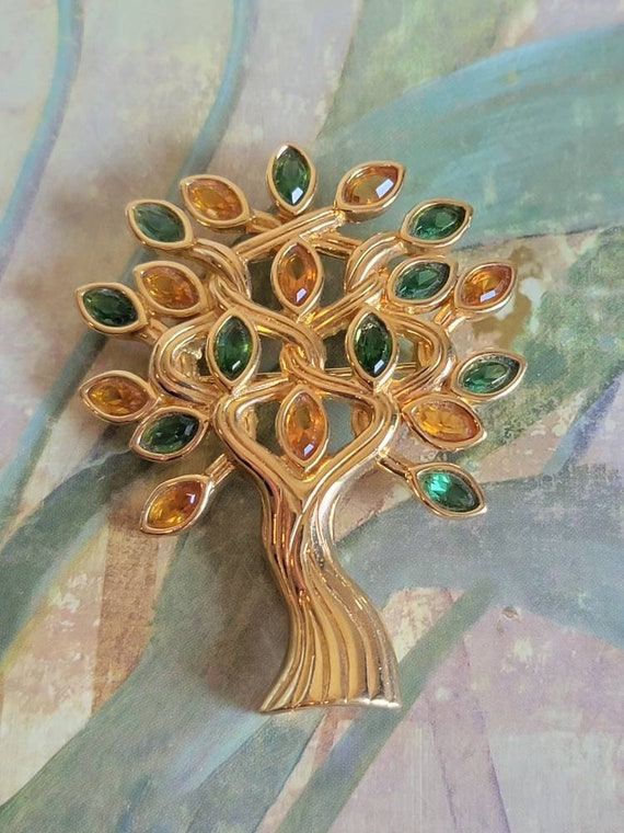Vintage Swarovski Tree of Life Gold Tone Metal an… - image 1