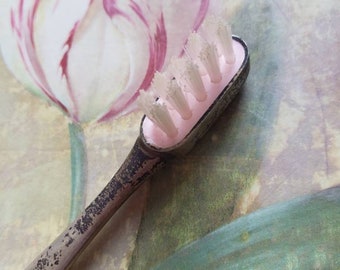 SALE Vintage Sterling Silver and Pink Never Used Tooth Brush Little Girls 1950s Mid Century Bristles SterlingWEB Patina