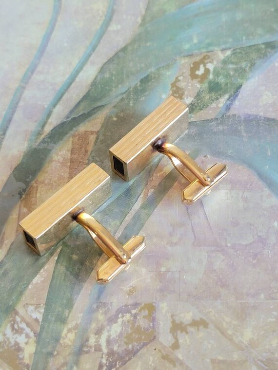 Vintage Rectangular Cufflinks: Black & Gold Tone,… - image 3