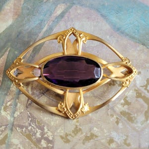 Vintage Gold Tone Metal and Faceted Amethyst Pin or Brooch Costume Jewelry As Is
