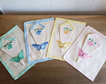 Vintage Never Used 16 Piece Table Linens Napkins and Place Mats Butterflies and Flowers Linen Placesettings Green Pink Blue Yellow As Is
