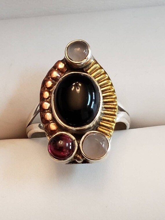 Vintage Black Oval Onyx Garnet Copper Brass Sterl… - image 9