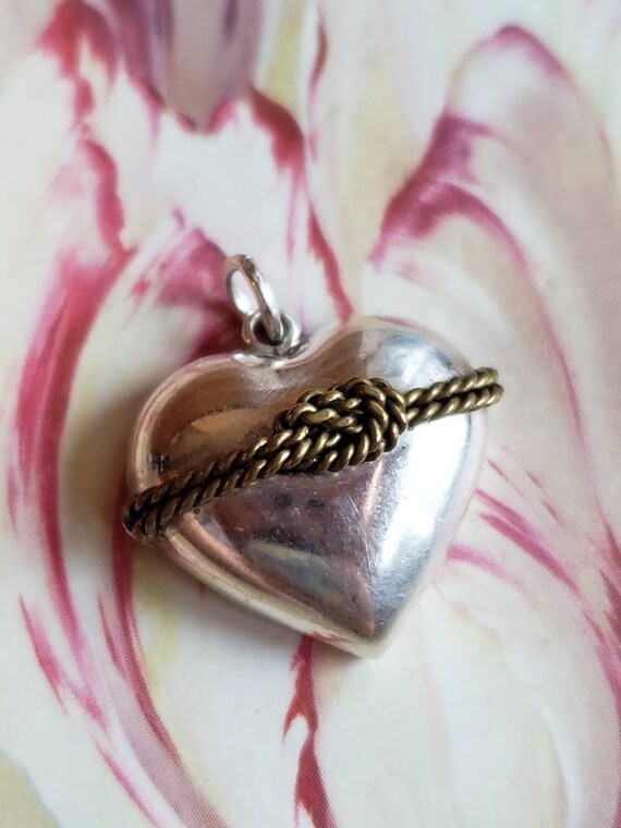 Vintage Sterling Silver Puffed Heart Pendant Brass