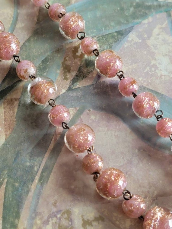 Vintage Pink Glass Beads with Gold Flecks and Gol… - image 4