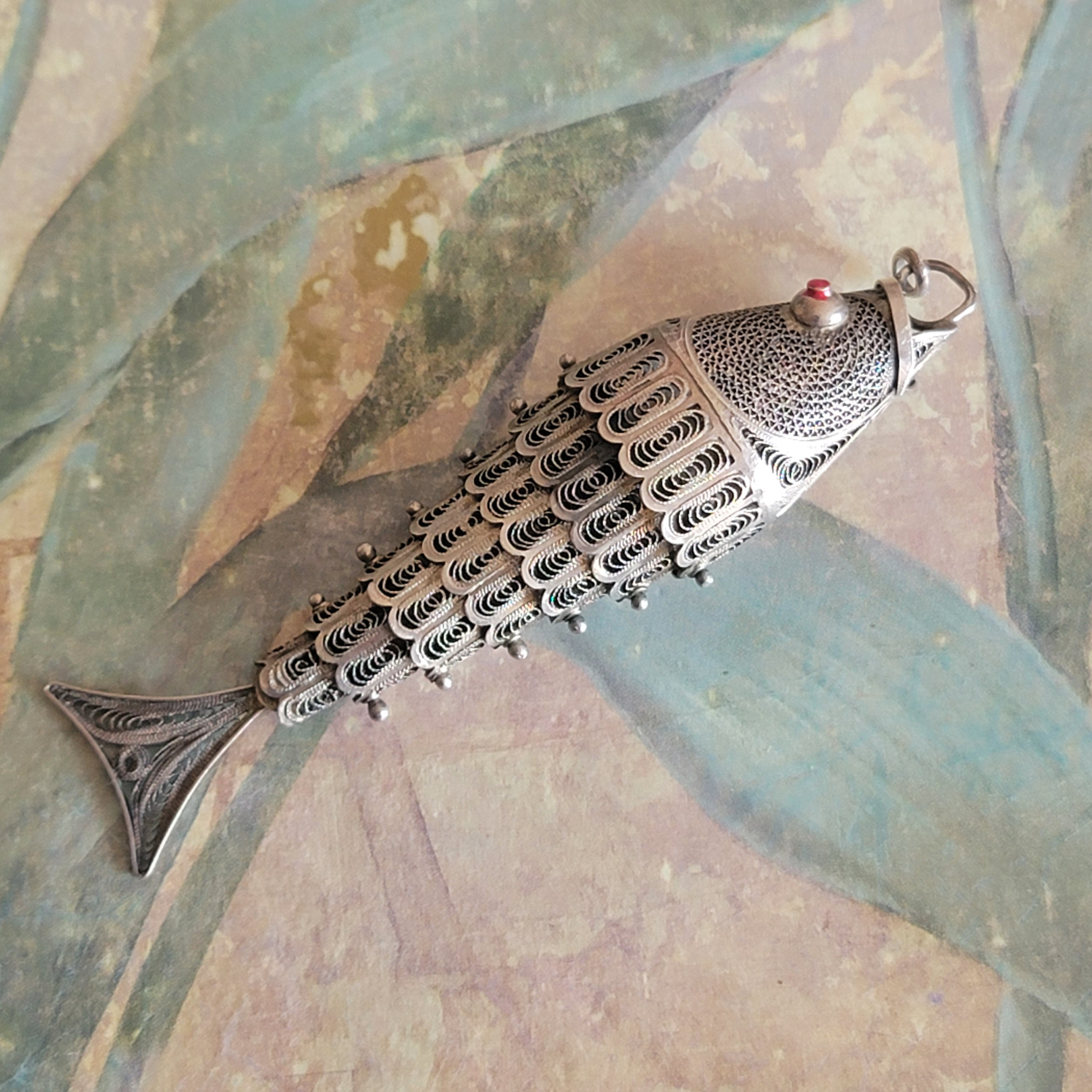 Vintage Sterling Silver Articulated Filigree Fish Pendant Coral