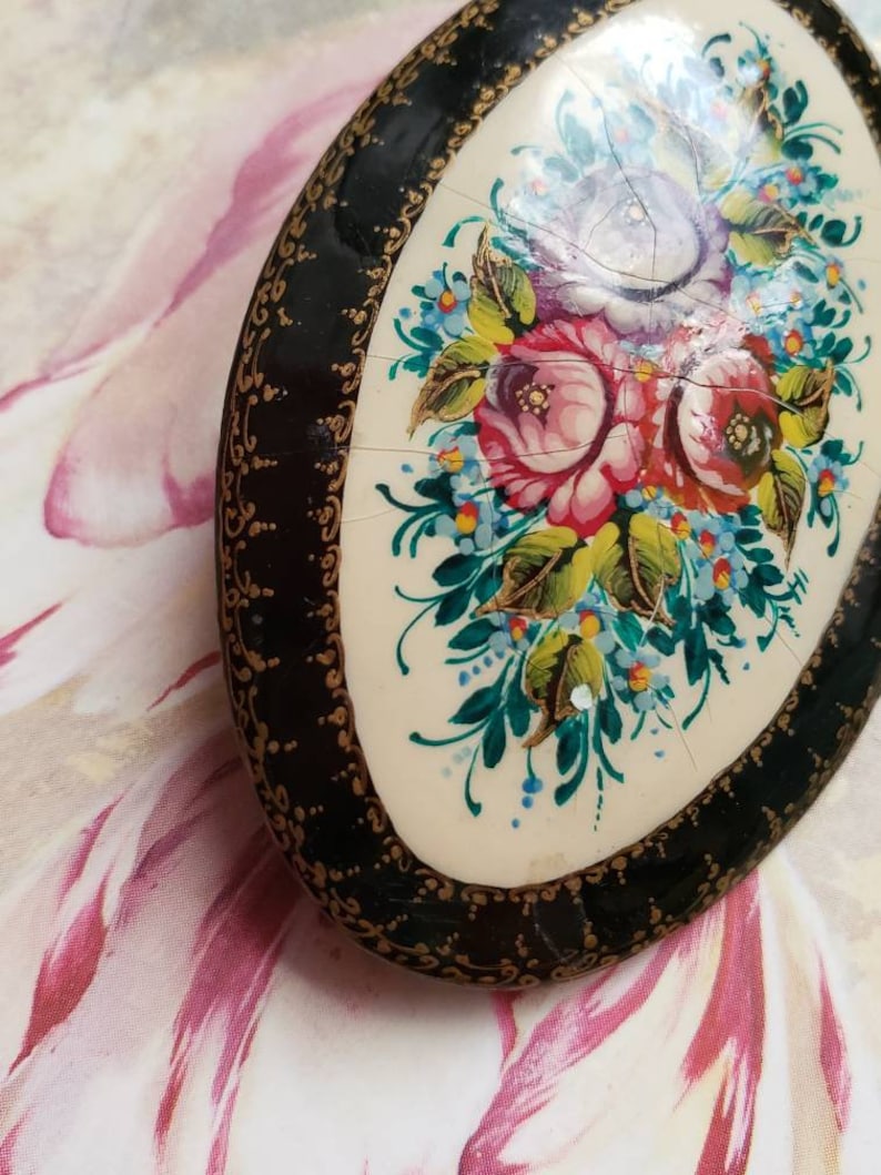 SALE Vintage Hand Painted Russian Pin or Brooch Flowers Oval Black Gold Trim Hand Painted Wooden Crazing