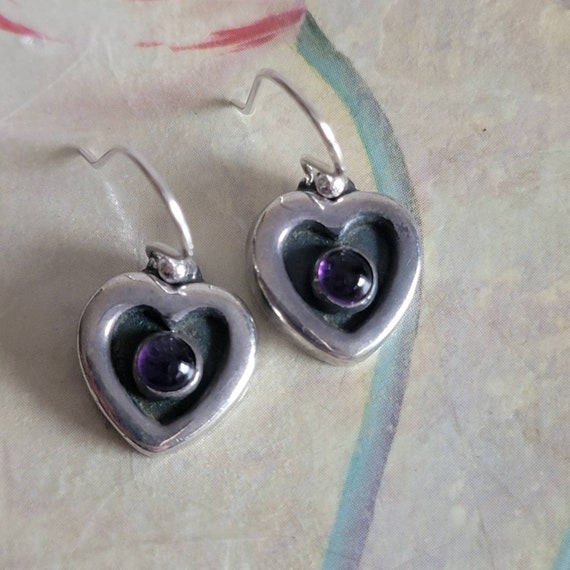 Vintage Sterling Silver and Amethyst Heart Earrin… - image 7