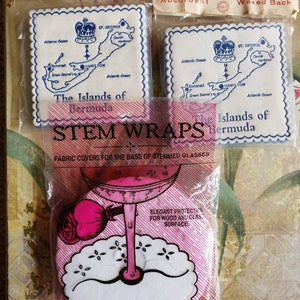 Vintage Lot of 3 Packs of Crown  Coasters and Stem Wraps Waxed Back Dead Stock The Islands of Bermuda Blue and White
