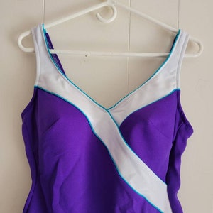 Vintage Robby Len Swim Suit Purple Turquoise White Built in Bra Plus Size 18W Ladies Pin Up Swimsuit Swimwear Union Label Made in the USA