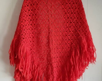 Vintage Hand Made Orange Red Fringed Shawl 1960s Triangular Greece