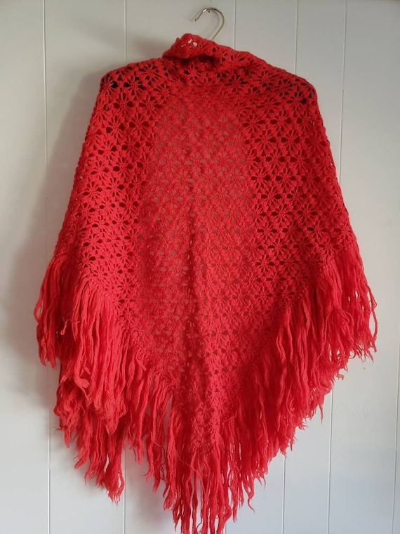 Vintage Hand Made Orange Red Fringed Shawl 1960s … - image 1