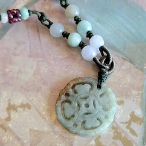 Vintage Hand Carved Jade Pendant Jade Garnet Beads on Green Cord