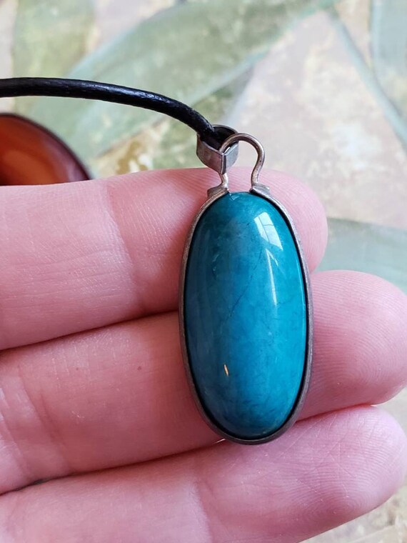 Vintage Hand Carved Oval Agate Turquoise Pendant … - image 9