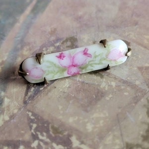 Vintage Tiny Hand Painted Ceramic or Porcelain Narrow Oval Bar Pin or Brooch Pink