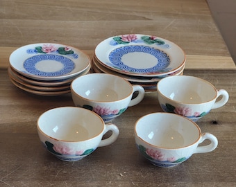 Vintage Made in Japan Teacups Saucers and Plates Lotus Design 12 Piece Tea Set Original Box As Is For Display