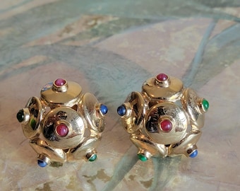 Vintage Gold Tone Metal and Multicolor Cabachon Domed Clip On Earrings 1980s As Is