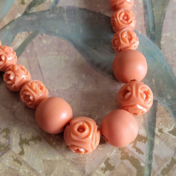 Vintage Carved Coral Celluloid Beaded Necklace Costume Jewelry 1920s