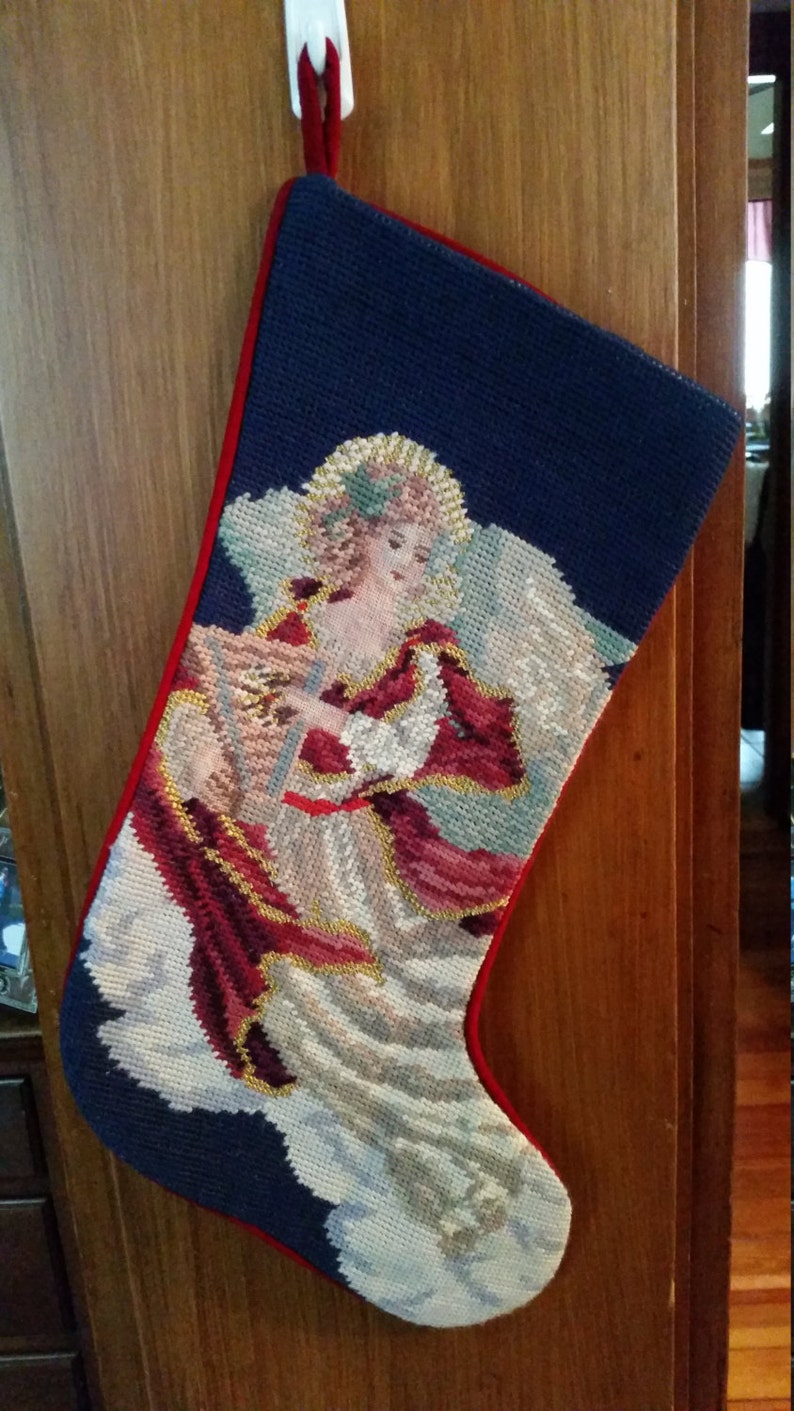 Vintage Dead Stock Embroidered Yuletide Christmas Stocking Red Velvet Angel Playing a Harp Hand Made Hand Embroidred
