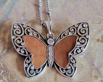 Vintage Brighton Silver Tone Butterfly Necklace, Wood & Cubic Zirconia