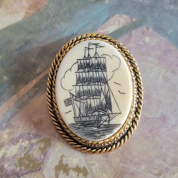 Vintage Faux Scrimshaw Style Gold Tone Metal Clipper Ship Brooch Pin or Pendant