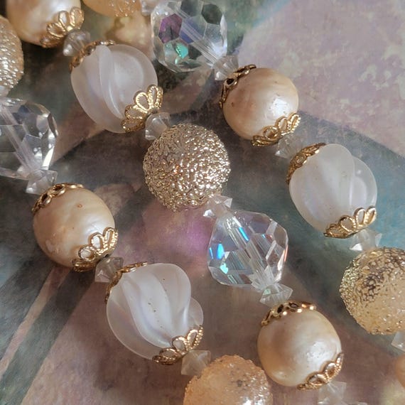 Vintage Vendome Iridescent Crystal Glass Beads Three Strand Bracelet Rhinestone Clasp