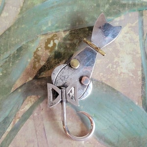 Vintage Sterling Silver Copper and Brass Cat Brooch Pin with Articulated Tail Bow  Mexico