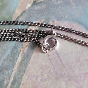 May include: Close-up of a silver chain necklace with a lobster clasp closure.