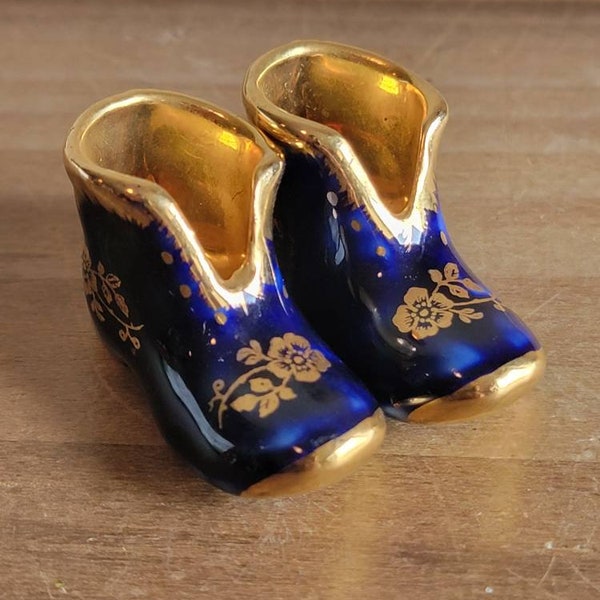 Vintage Limoges Porcelain Tiny Decorative Shoes Made in France Blue and Gold Flowers