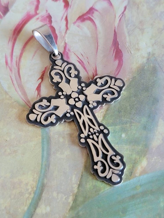 Vintage Sterling Silver Large Cross Pendant 925 C… - image 1